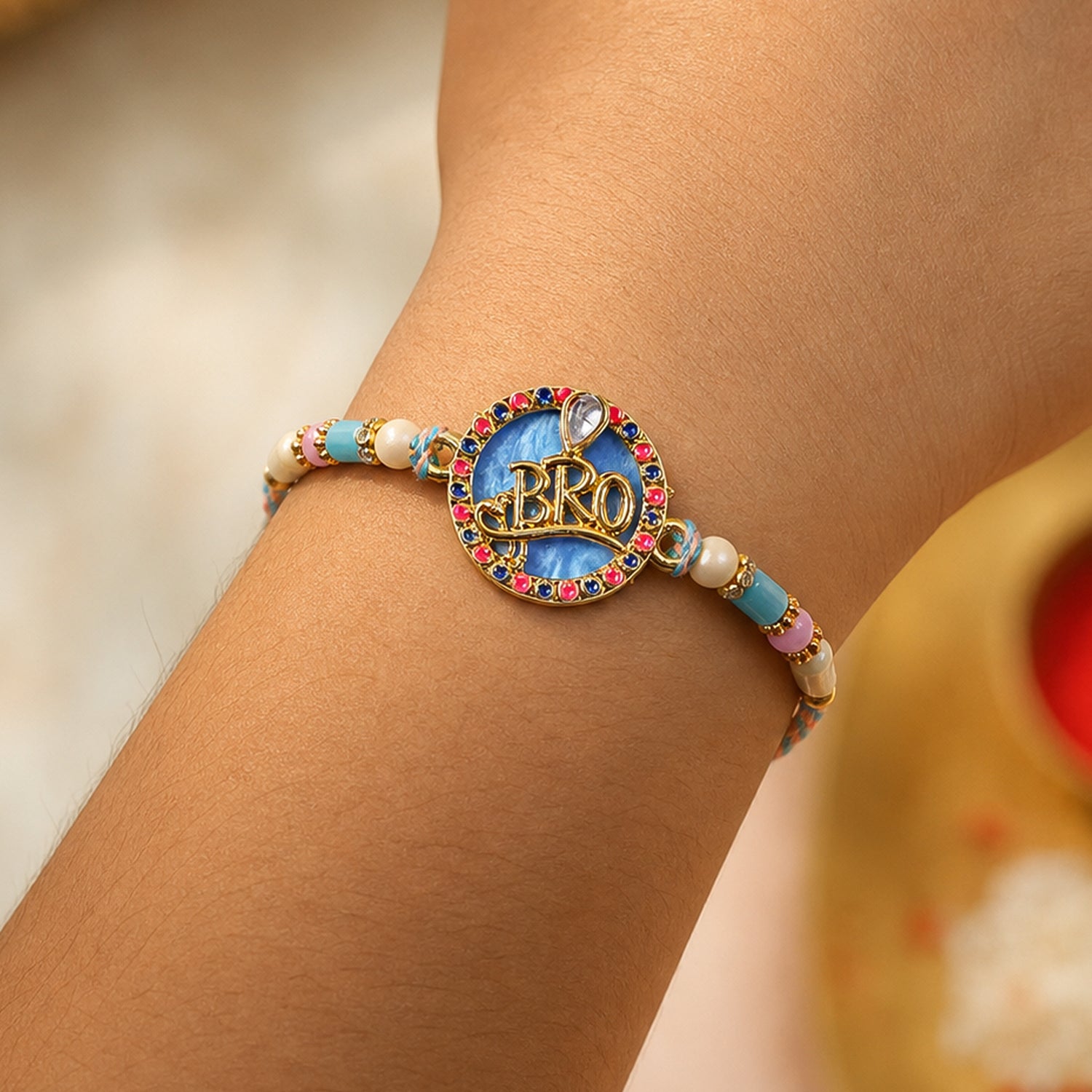 Bro Text Pendant Rakhi with Pink and Navy Kundan Stones