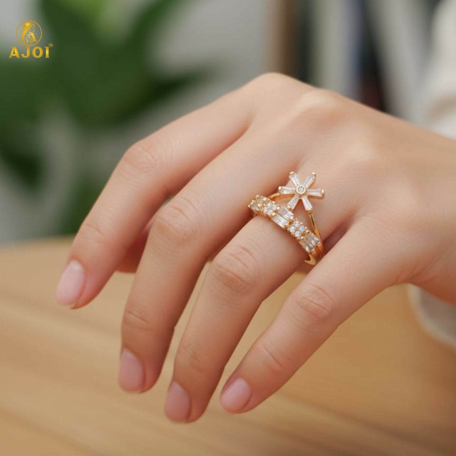 Premium Gold Plated Crown & Floral Crystal Ring for Women