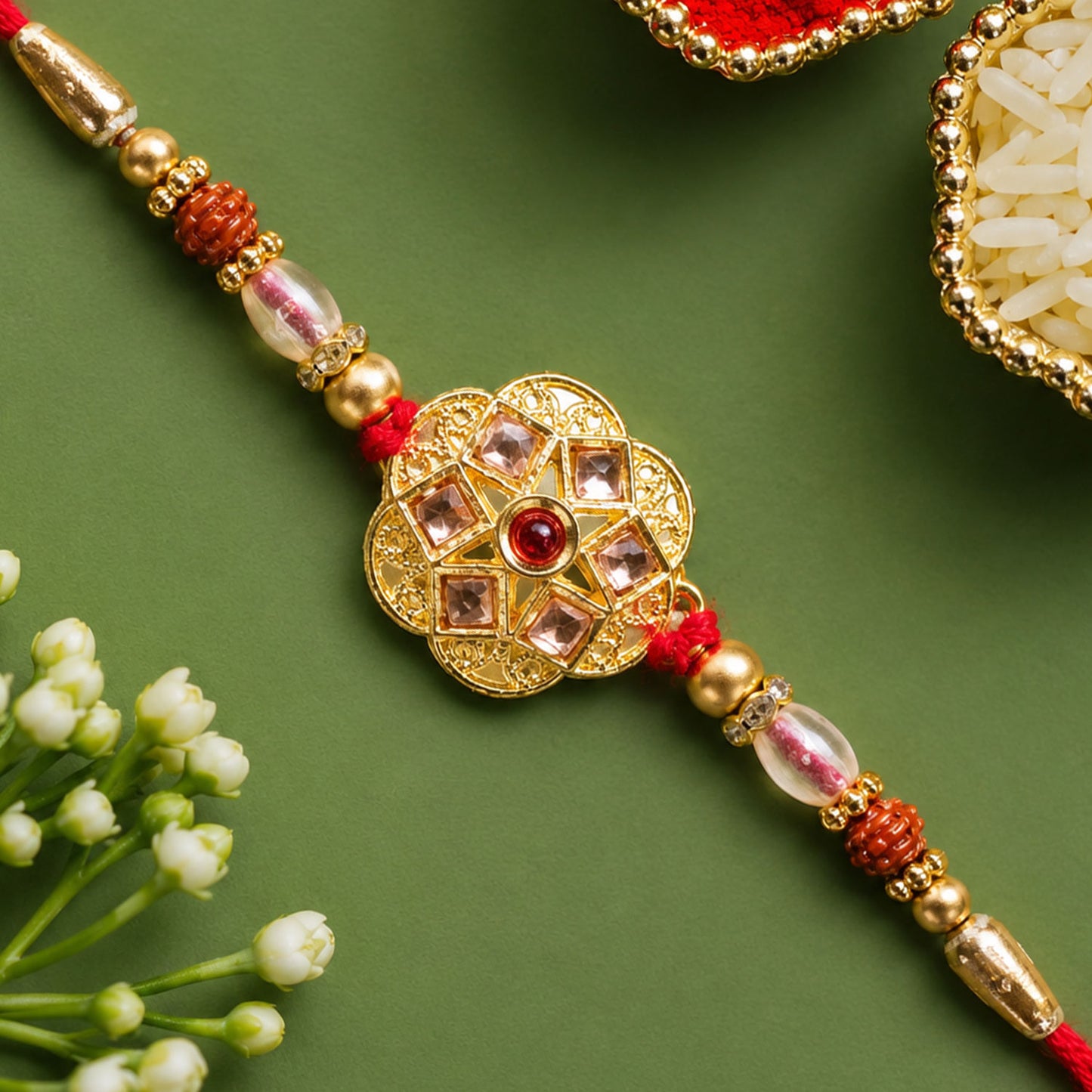 Divine Rakhi with Circular Sacred Medallion and gold trims in chain look for Gift Use