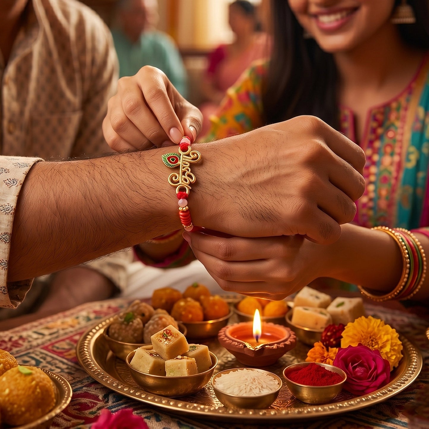 Krishna Naam Devnagari with Peacock Feather Rakhi
