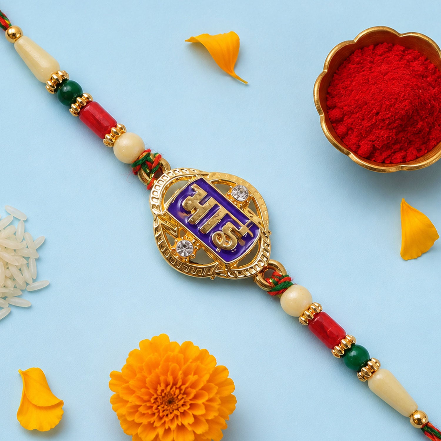 Bhai Text Pendant Rakhi with Purple Enamel and Kundan Stones