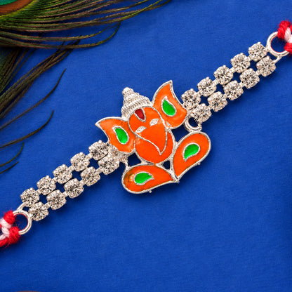 Silver-Toned Lord Ganesha Rakhi with Orange-Green Enamel, Double Crystal Chain & Red Thread