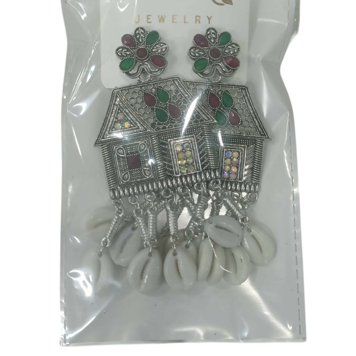 Oxidized Silver House-Shaped Earrings with Multicolor Stones & Shell Danglers