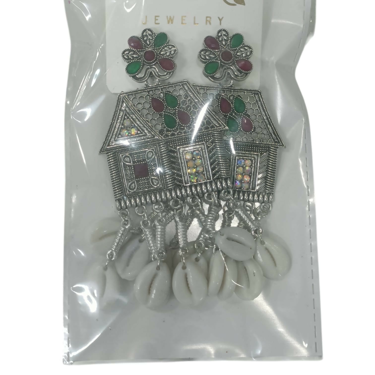 Oxidized Silver House-Shaped Earrings with Multicolor Stones & Shell Danglers