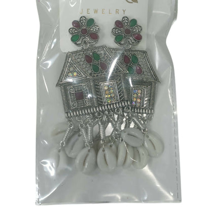 Oxidized Silver House-Shaped Earrings with Multicolor Stones & Shell Danglers