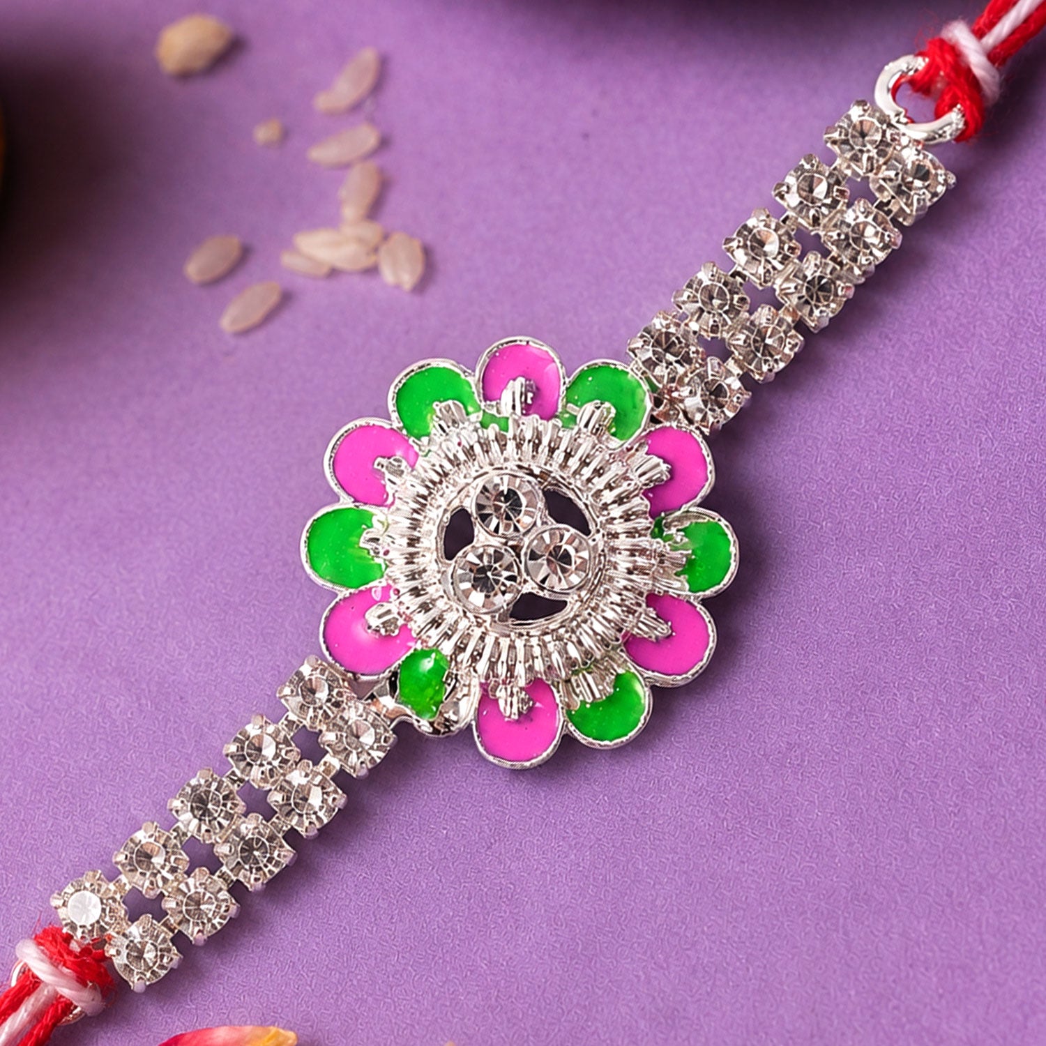Designer Rakhi featuring Floral Medallion, gold trims and display look for Gift Use
