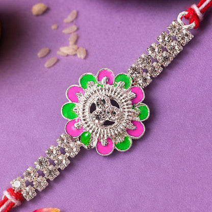 Designer Rakhi featuring Floral Medallion, gold trims and display look for Gift Use