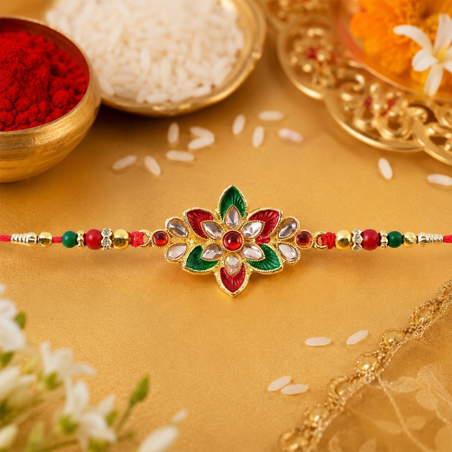 Floral Meena Stone Rakhi Design for Raksha Bandhan Celebration (5pcs)
