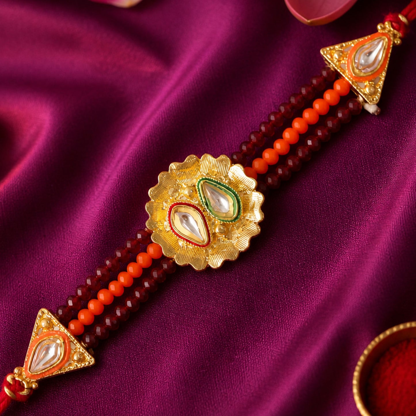 Red Beaded Floral Rakhi with Golden Center and Traditional Festive Gift Appeal Ideas