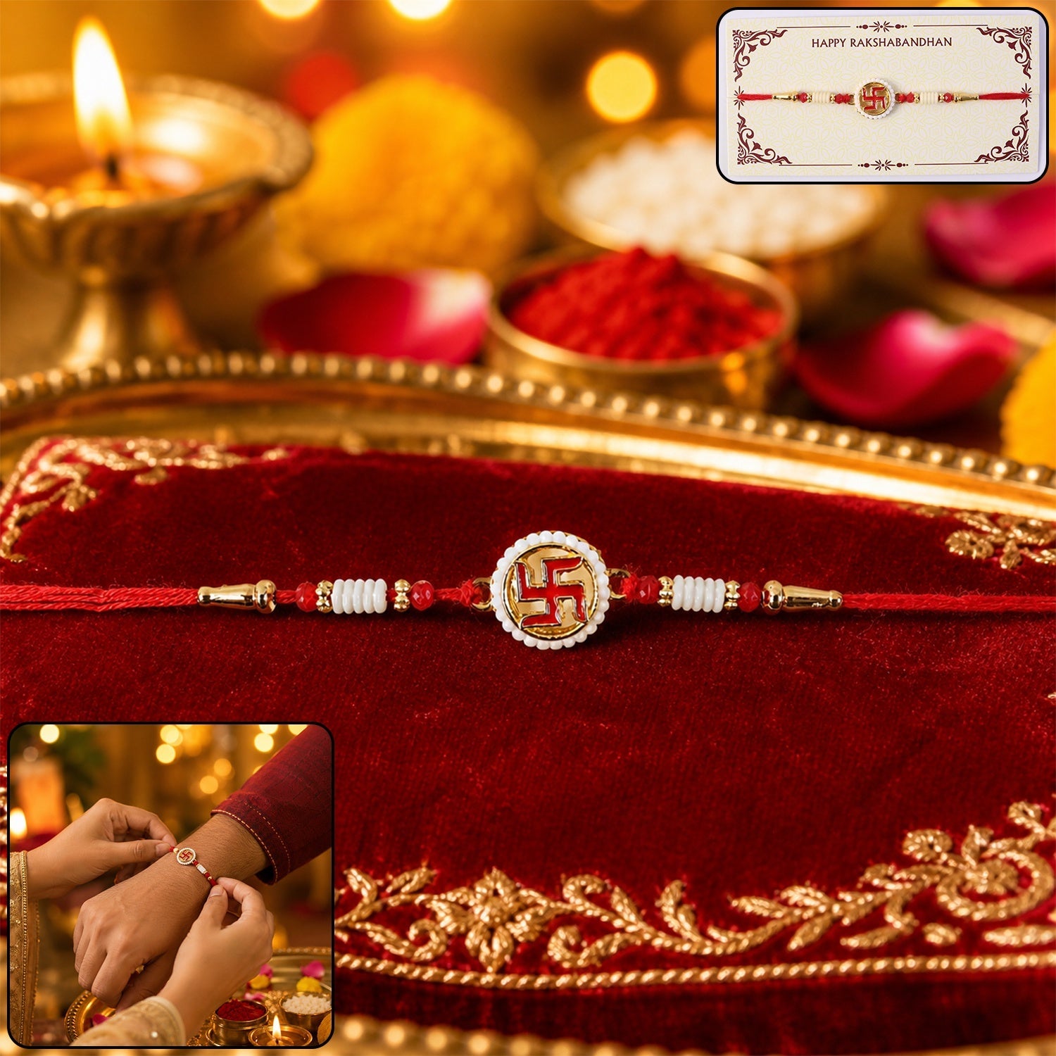 Swastik Pearl Frame Rakhi Traditional Tie for Brothers (10pcs)