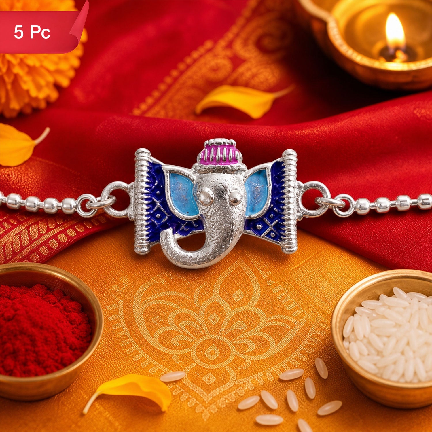 Silver Ganesha Enamel Chain Bracelet Festive Raksha Bandhan Gift (5pcs)