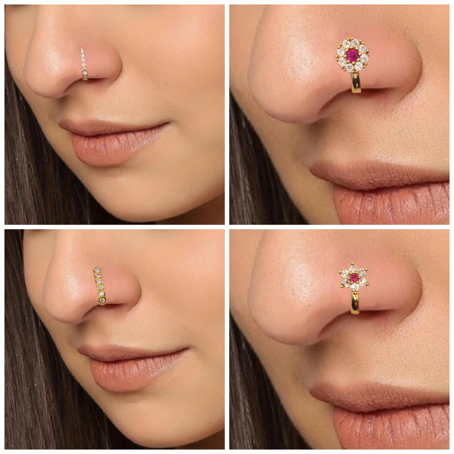 CZ Flower & Line Non-Piercing Nose Ring/Nath Combo Set Combo Pack of 4