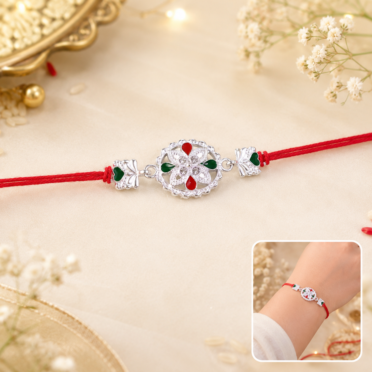 White Silver Floral Rakhi with Red Stone Center and Side Charms