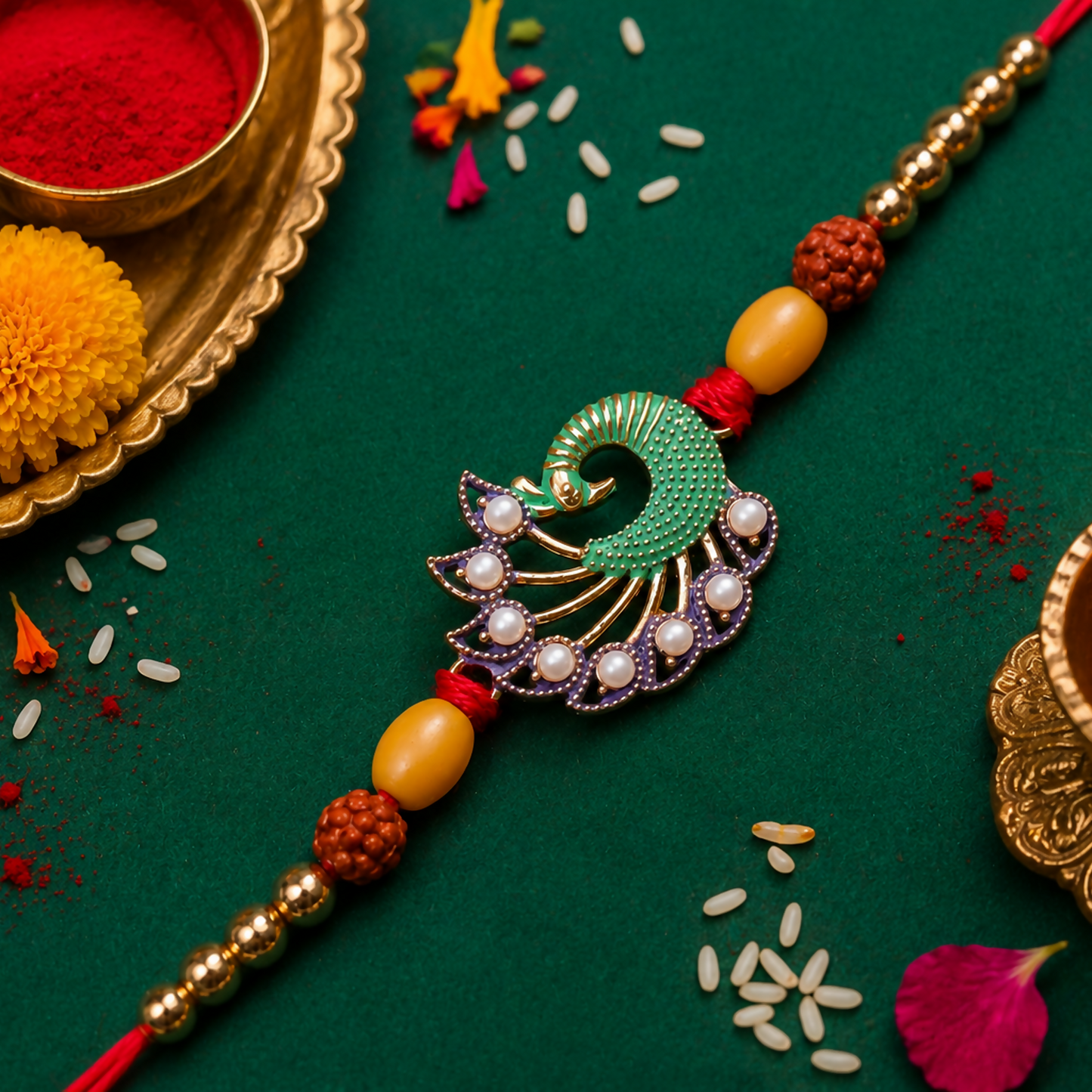 A red thread with gold beads and a central green and purple peacock design with white pearls rests on a dark green surface