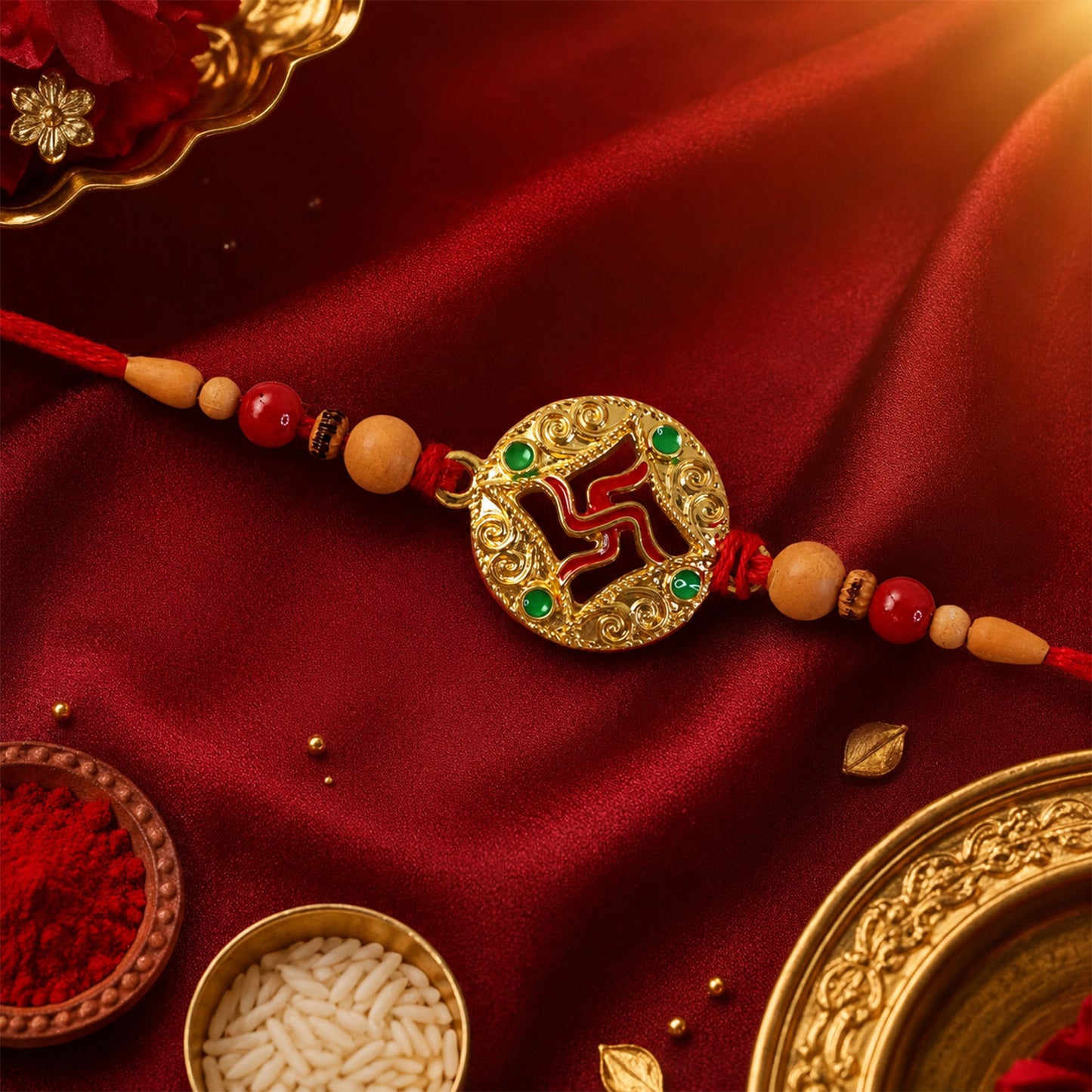 Multicolor Swastik Rakhi with Peach Beads and Navy Backdrop