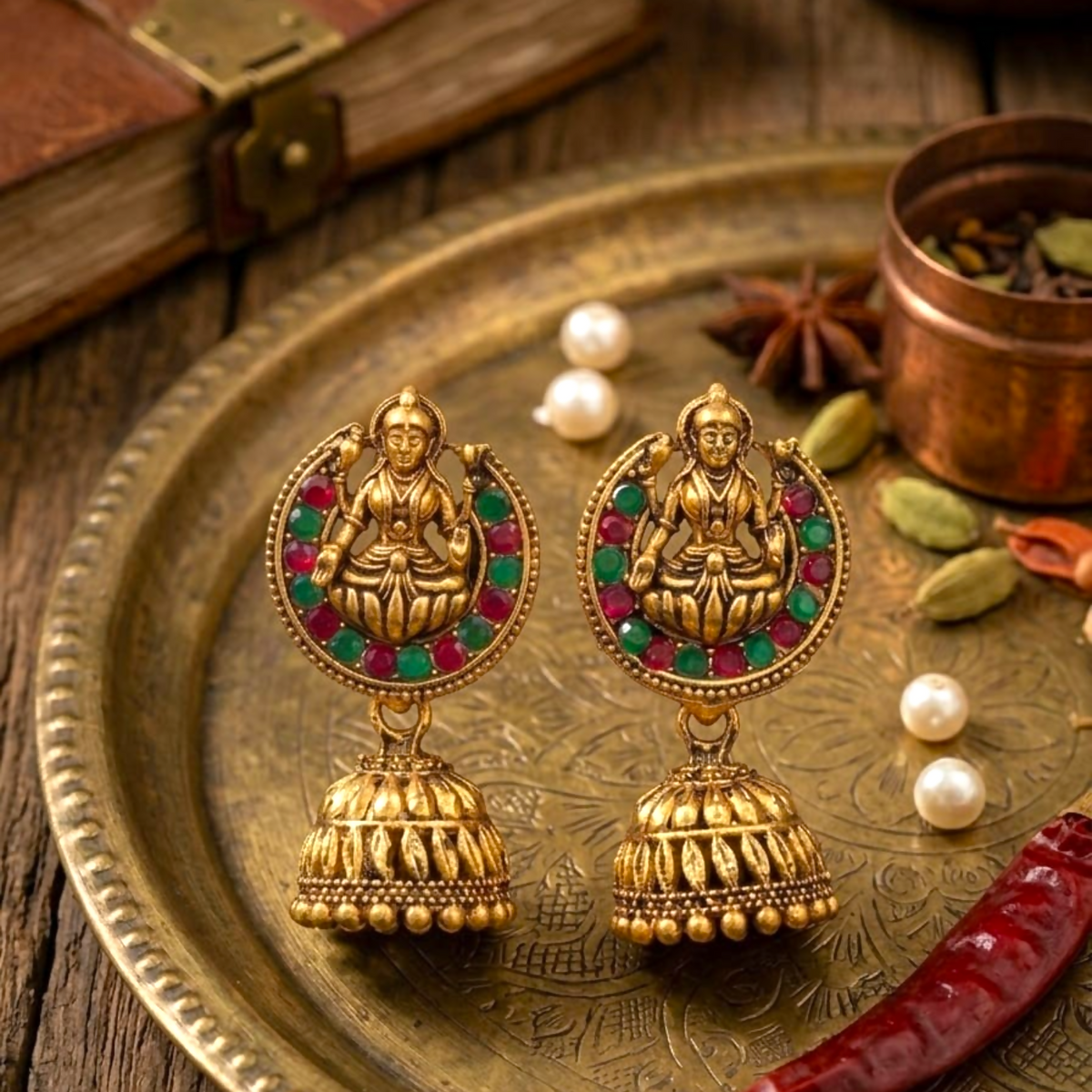 Two gold-toned jhumka earrings with goddess figures and red and green stones on a decorative metal tray.