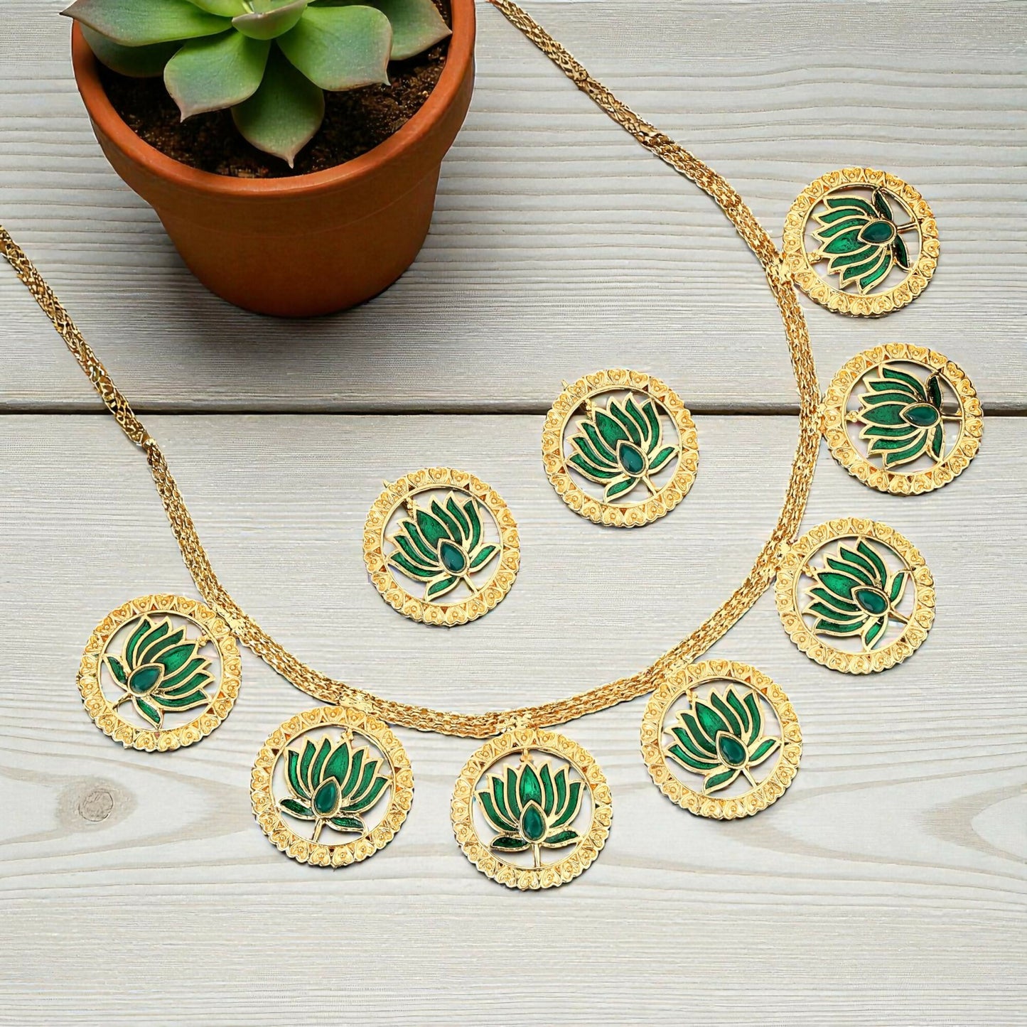 Gold-Tone Ruby-Green Floral Choker with Pearl Drops