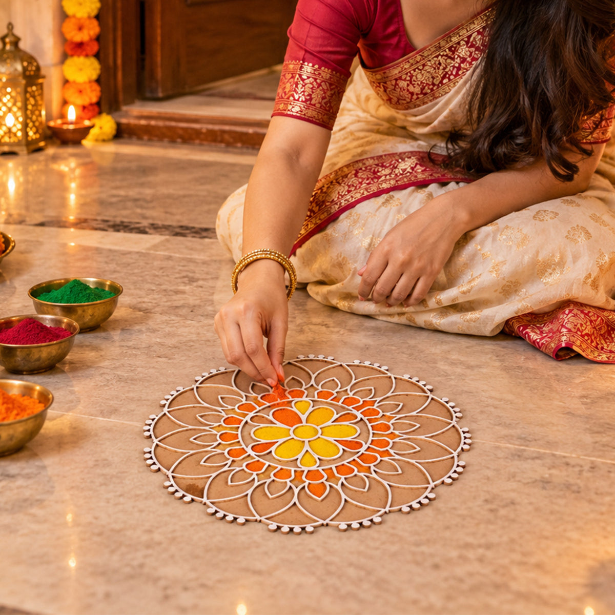 Round Floral Rangoli Stencil Board for Door Entrance and Festive Decoration