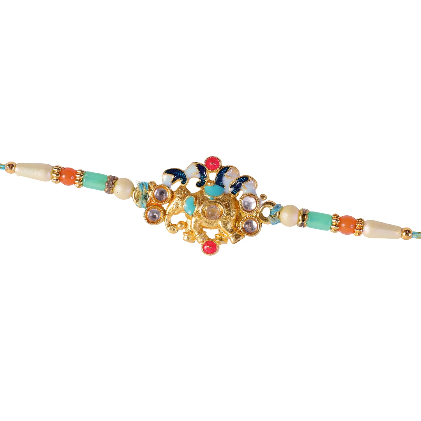 Festive Rakhi featuring Ornate Floral Charm and bead line in gift style for Gift Use