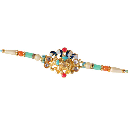 Festive Rakhi featuring Ornate Floral Charm and bead line in gift style for Gift Use