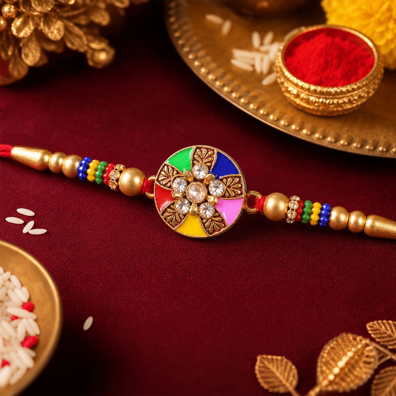 Multicolor Designer Rakhi Floral Embellished Beaded Thread (5pcs)
