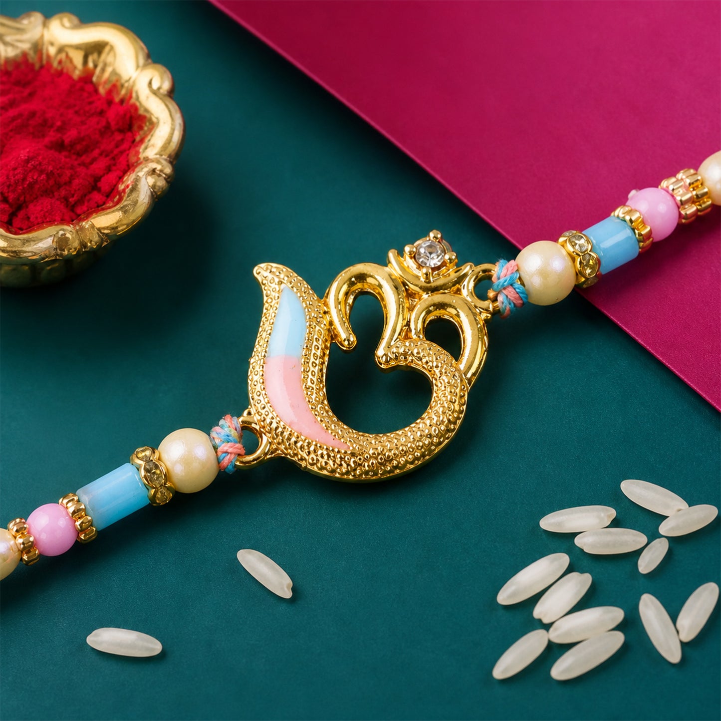 Peacock and Om Enamel Pendant Rakhi with Pastel Beads