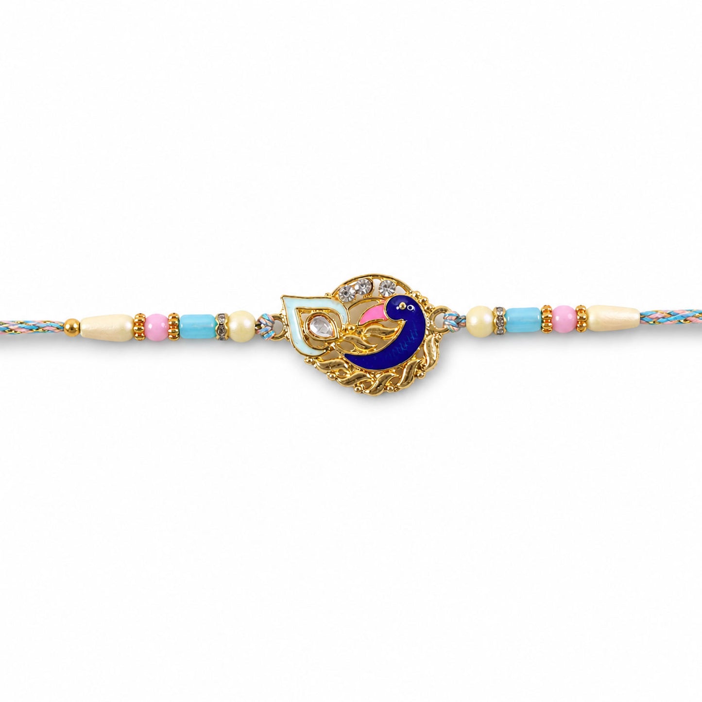 Festive Rakhi featuring Peacock Charm, blue stones and wrist style for Raksha Bandhan