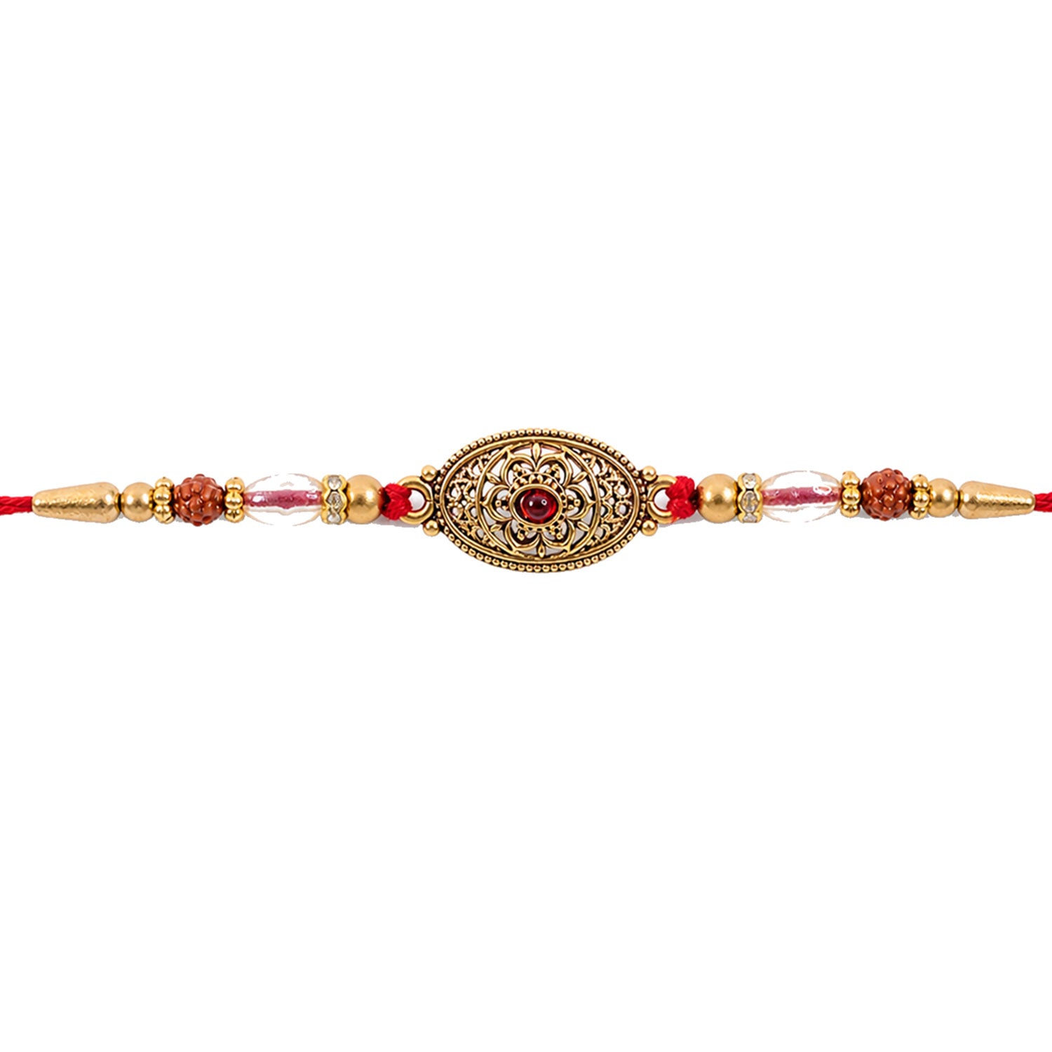 Oxidized Gold Oval Pendant Rakhi with Red Stone and Rudraksha Beads