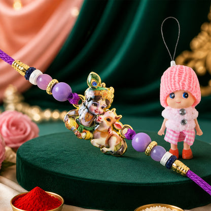 Bal Krishna Cow Cartoon Printed Rakhi with Cute Doll Keychain Combo (2)