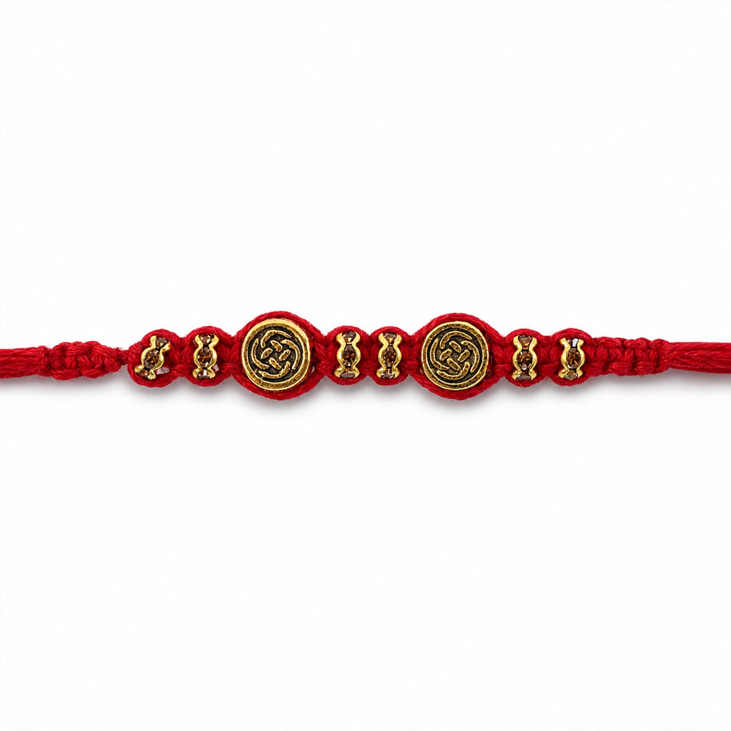 Red Braided Rakhi with a Row of Antique Gold Coin-Style Charms