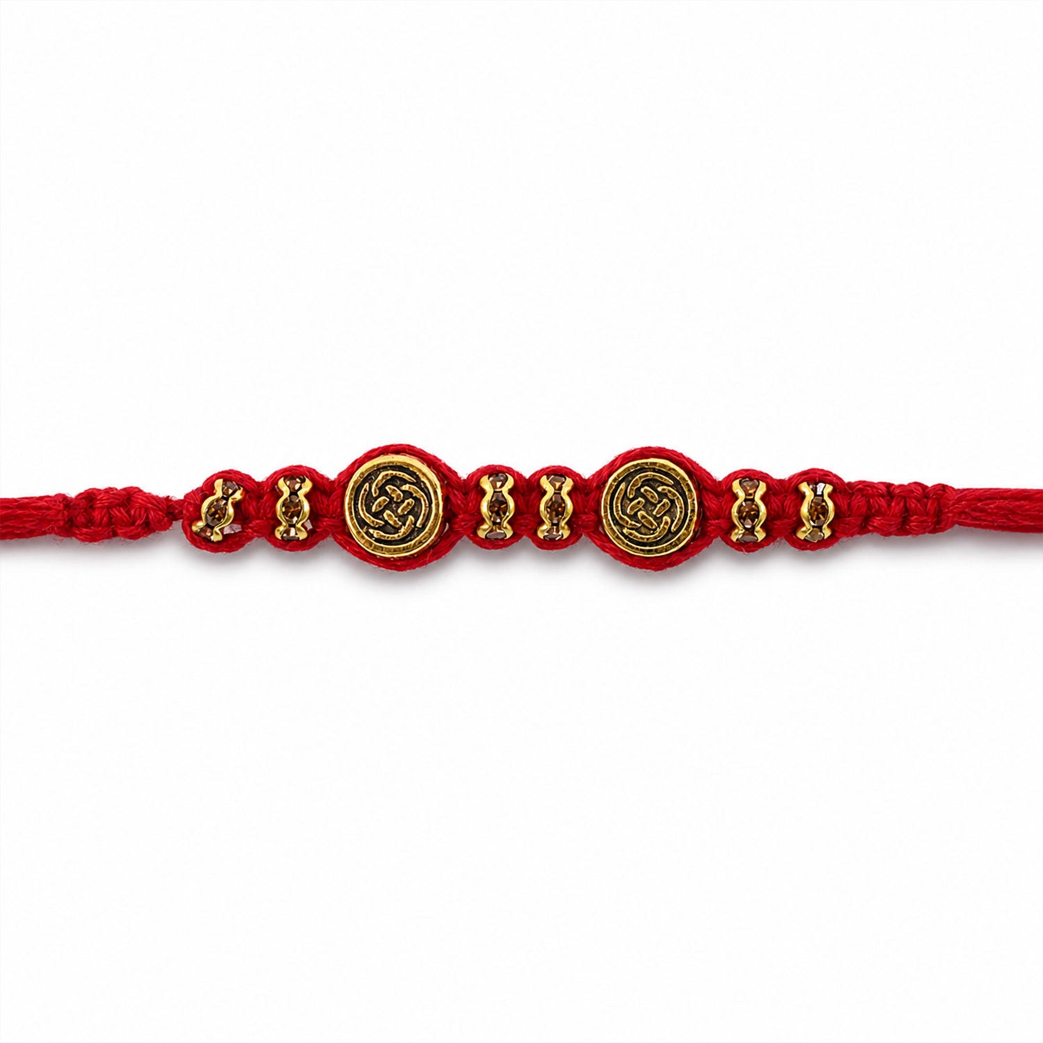 Red Braided Rakhi with a Row of Antique Gold Coin-Style Charms