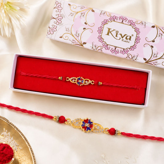 Blue & Red Meenakari Floral Designer Rakhi for Brother, AD Stones Gift