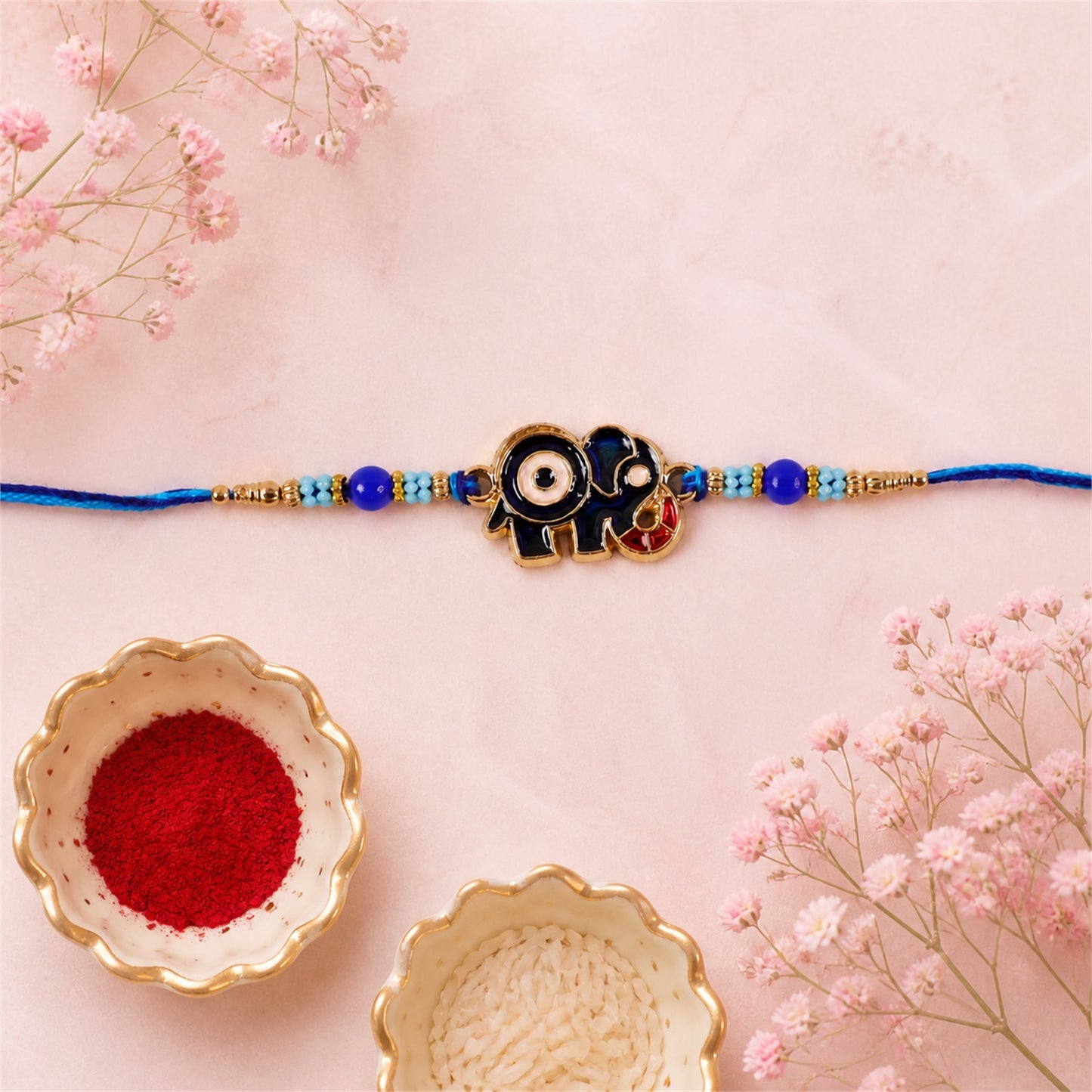 Elephant Motif Nazar Evil Eye Enamel Blue Bead Rakhi
