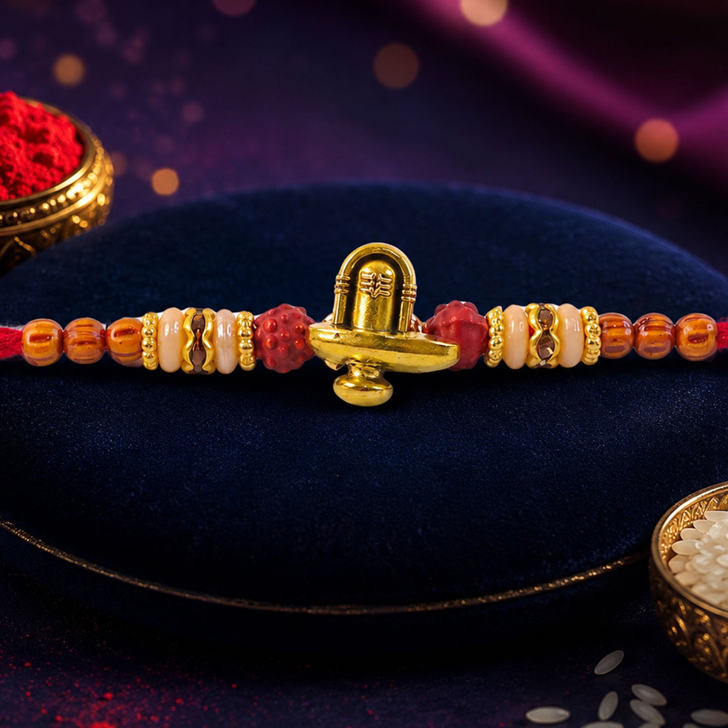 Lord Shiva Shivling Trishul Devotional Rakhi with Golden Temple Centre and Red Thread
