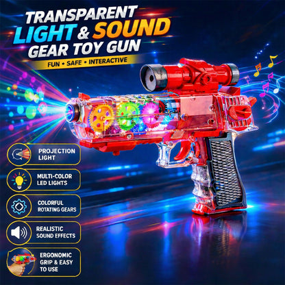 Close-up of transparent gear gun showing colorful moving gears