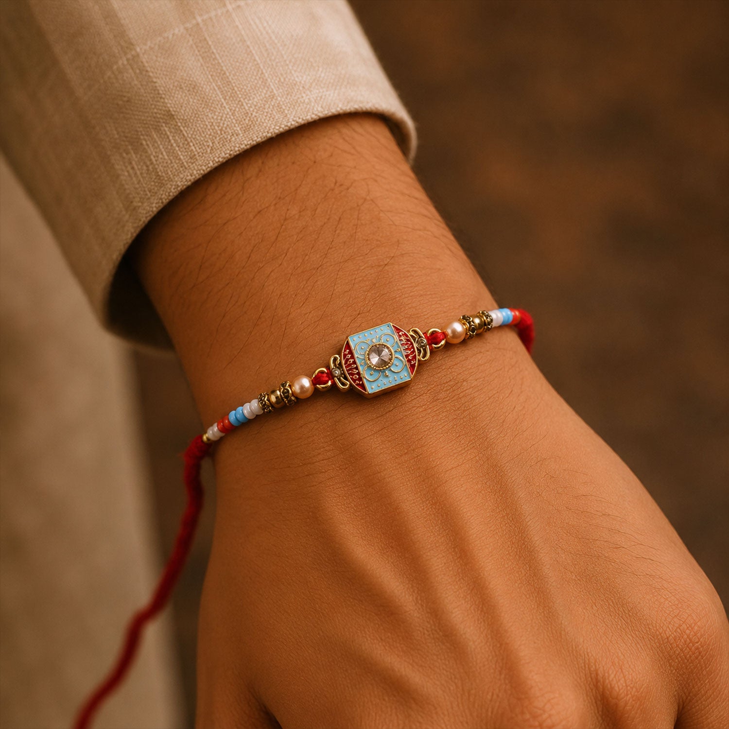 Sky Blue-Red Meenakari Designer Bhaiya Rakhi for Brother with Beads Gift