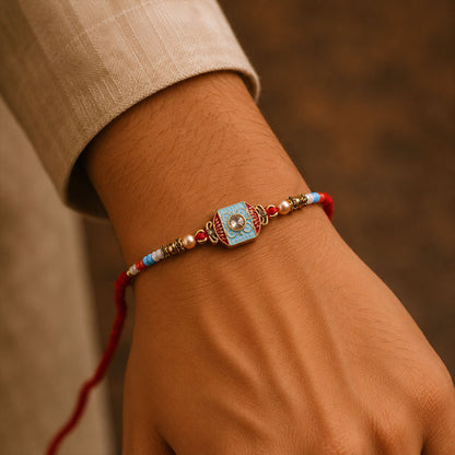 Sky Blue-Red Meenakari Designer Bhaiya Rakhi for Brother with Beads Gift