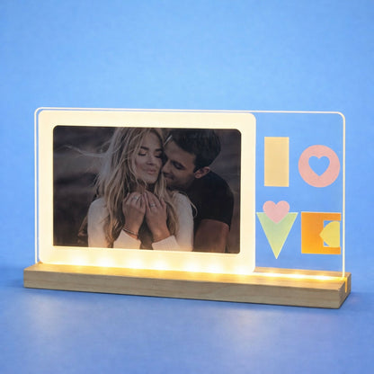 Romantic LED photo frame lamp on wooden base