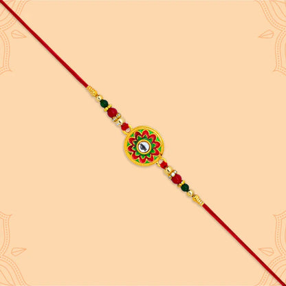 Kundan Rakhi for Brother displayed on a festive background for Raksha Bandhan.