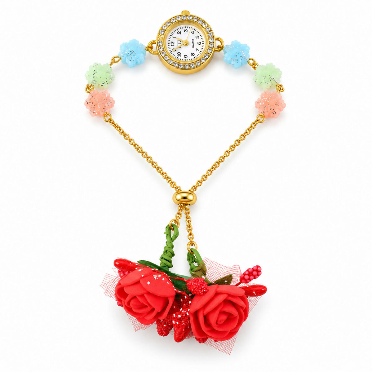Overhead view of the gold-toned watch with blue, green, and pink glitter flower links and red fabric rose charms.