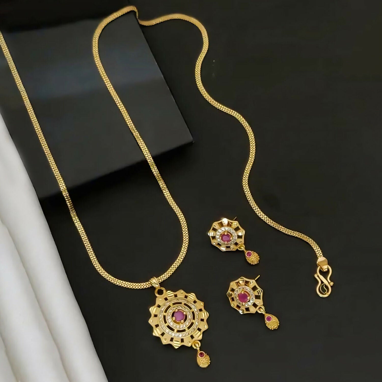 Micro Gold-Plated Ruby and White Stone Pendant Set With Matching Earrings