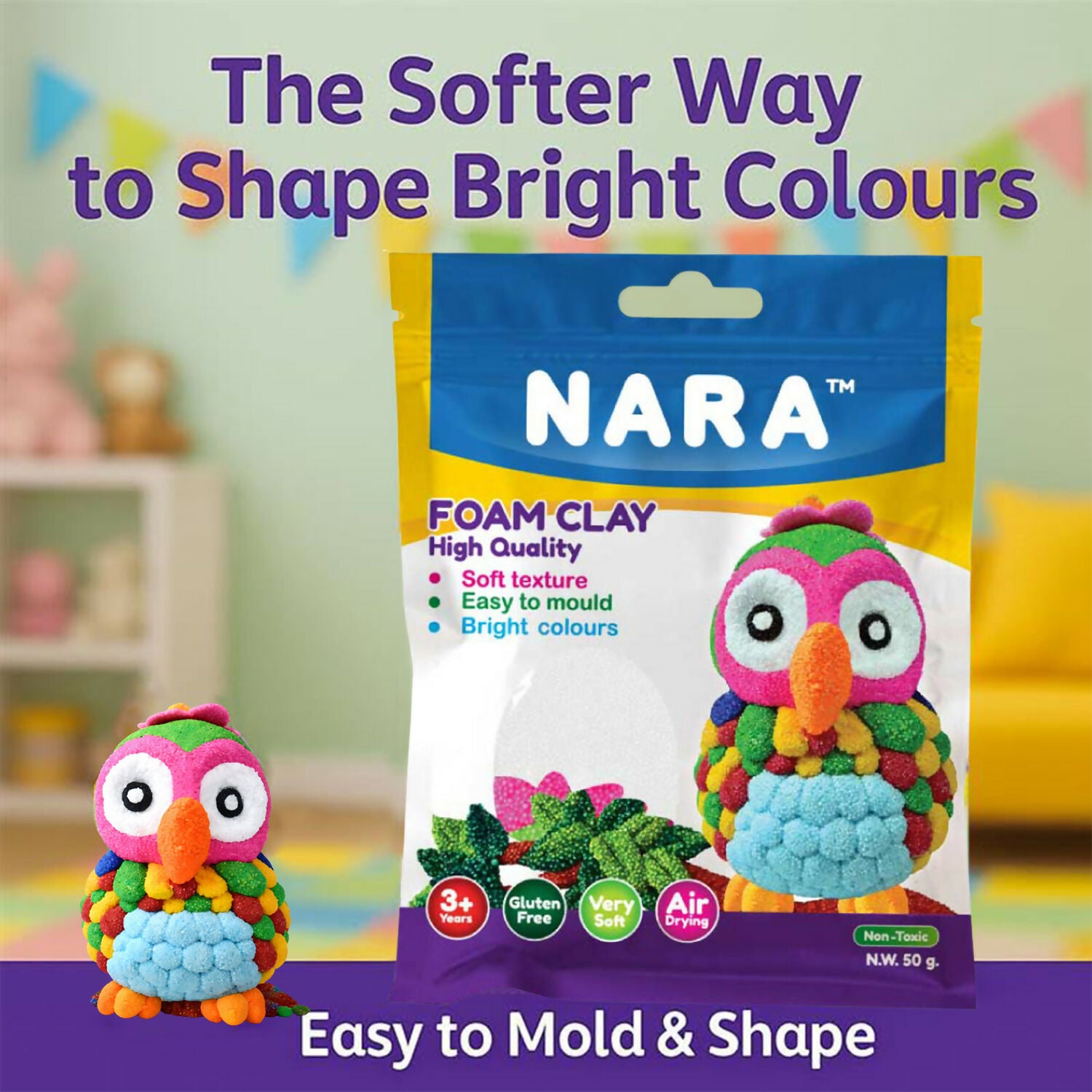 NARA Soft Foam Modelling Clay, Air Dry Non-Toxic DIY Creative Craft Clay for Kids Art (50Gm)