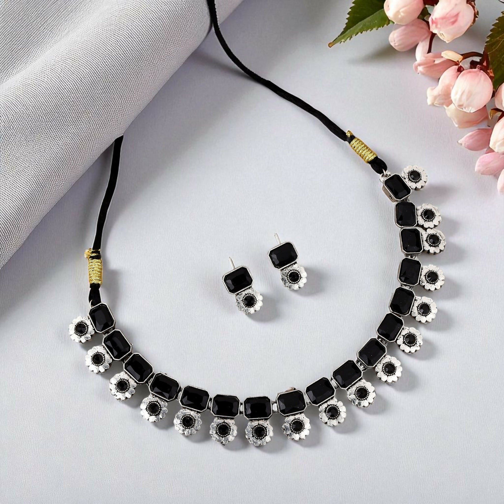 Bold Silver-Toned Choker Set with Black Gemstones