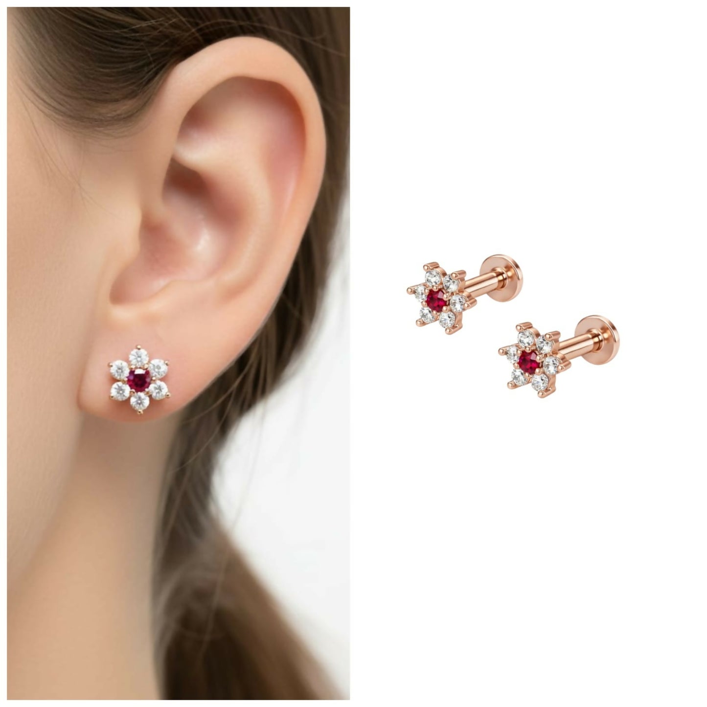 Rose Gold Ruby and Diamond Floral Flat Back Stud Earrings showcasing elegant flower design