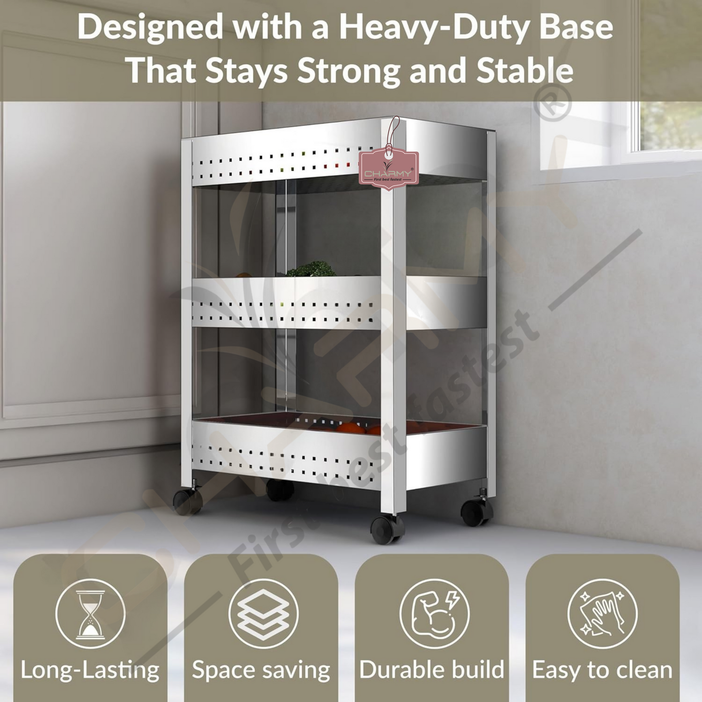 Stainless Steel 3-Tier Vegetable Storage Trolley Silver