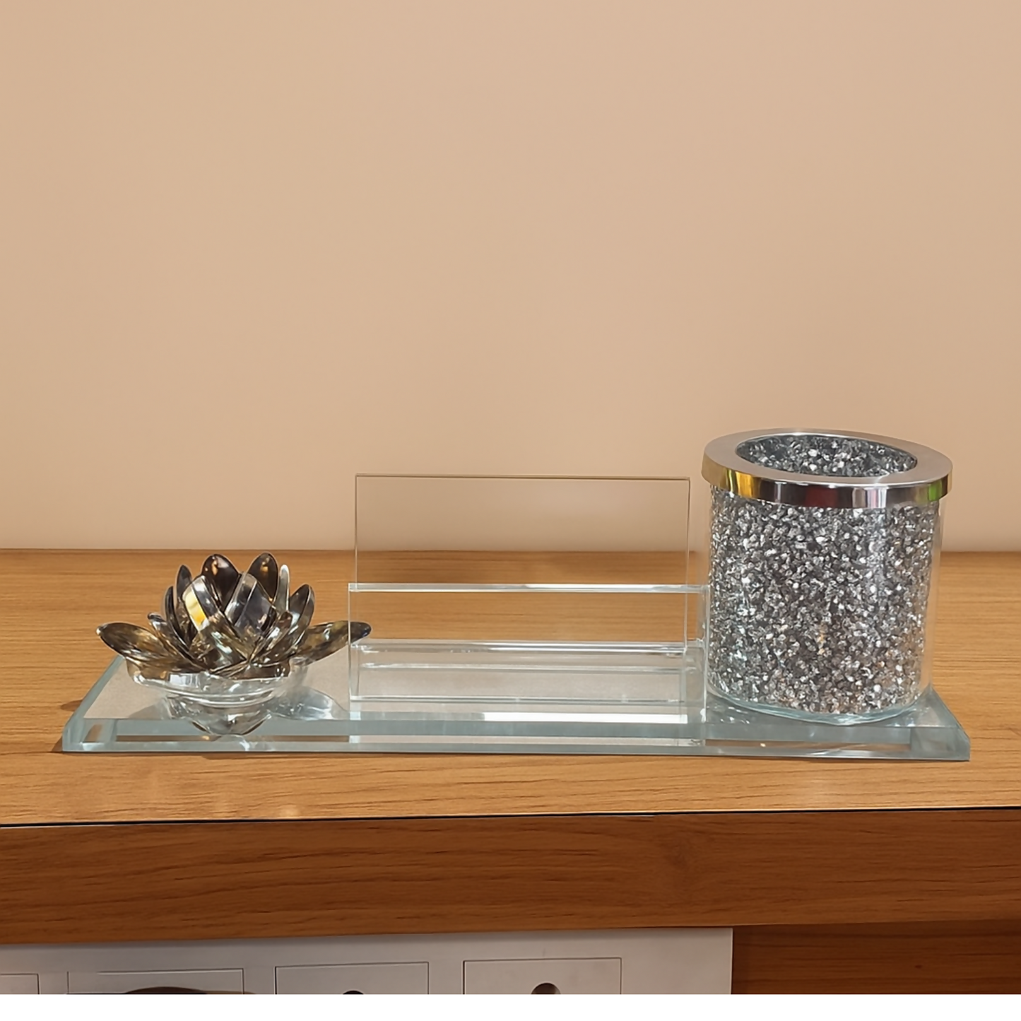Luxury Glass Pen Stand and Card Holder with Crystal Lotus & Glitter Decor | Elegant Office Desk Organizer for Home, Workspace & Gifting