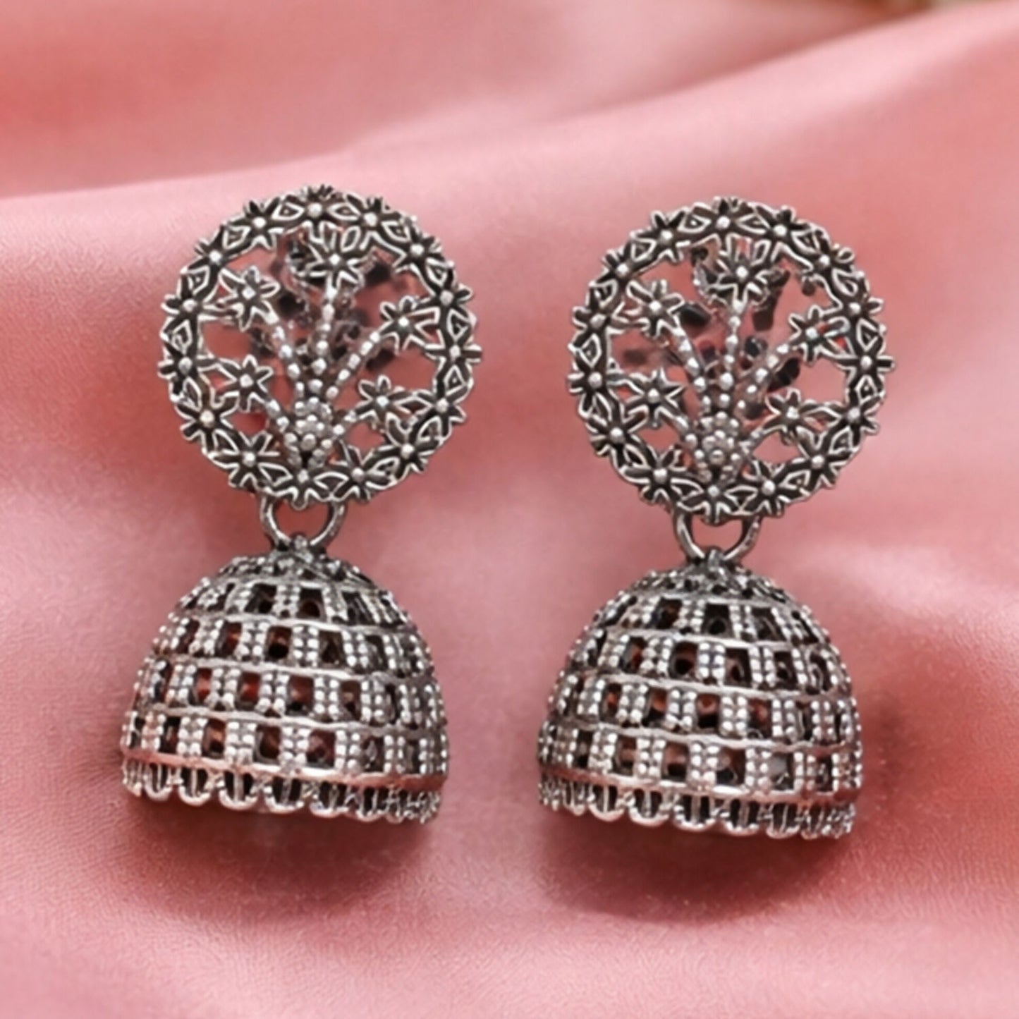 Oxidized Silver Floral Jhumka Earrings for Women – Traditional Ethnic Designer Jewelry