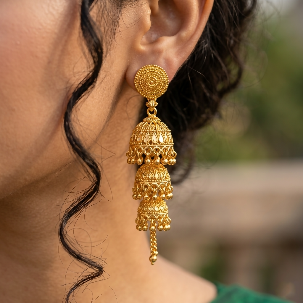 Side view of gold plated Jhumki earrings