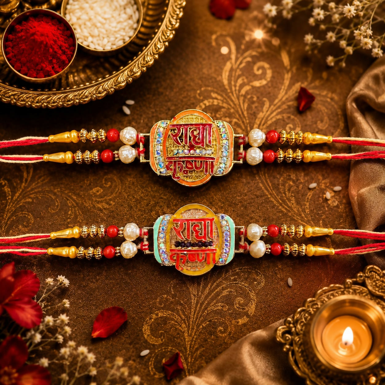 A pair of designer Rakhi bracelets, each with a gold-toned Radha Krishna centerpiece, pearl and red bead accents, displayed