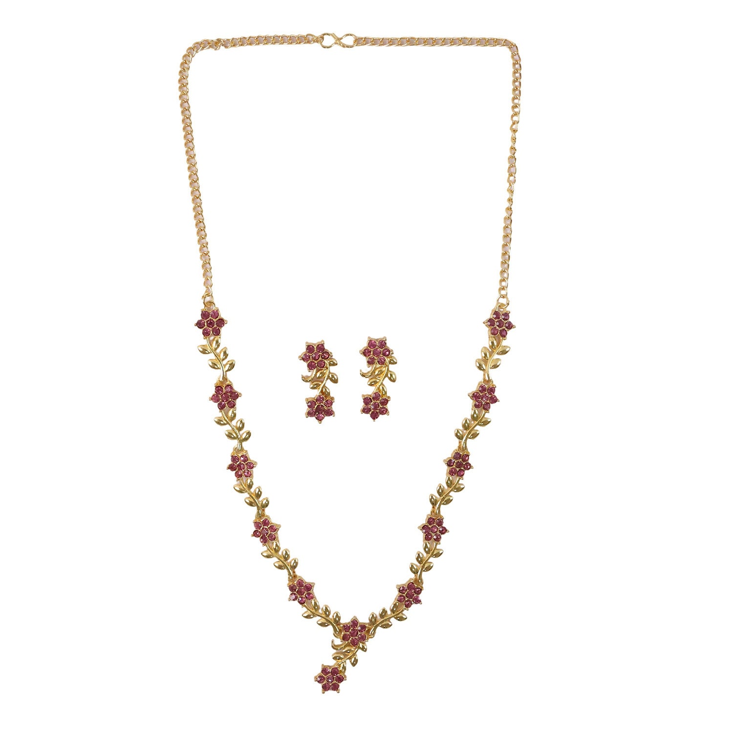 Everlasting Bloom V-Necklace with Ruby Floral Design and Elegant Gold Detailing